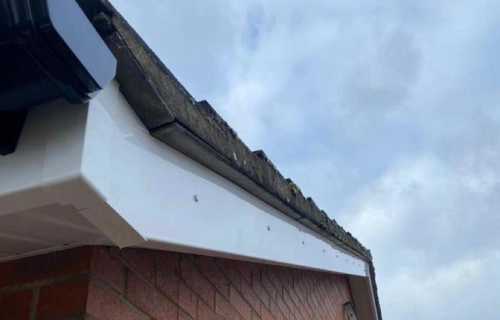 Home brick wall with two ladders leaning against it under a gray, cloudy sky. the roof edge is visible, emphasized by a white trim